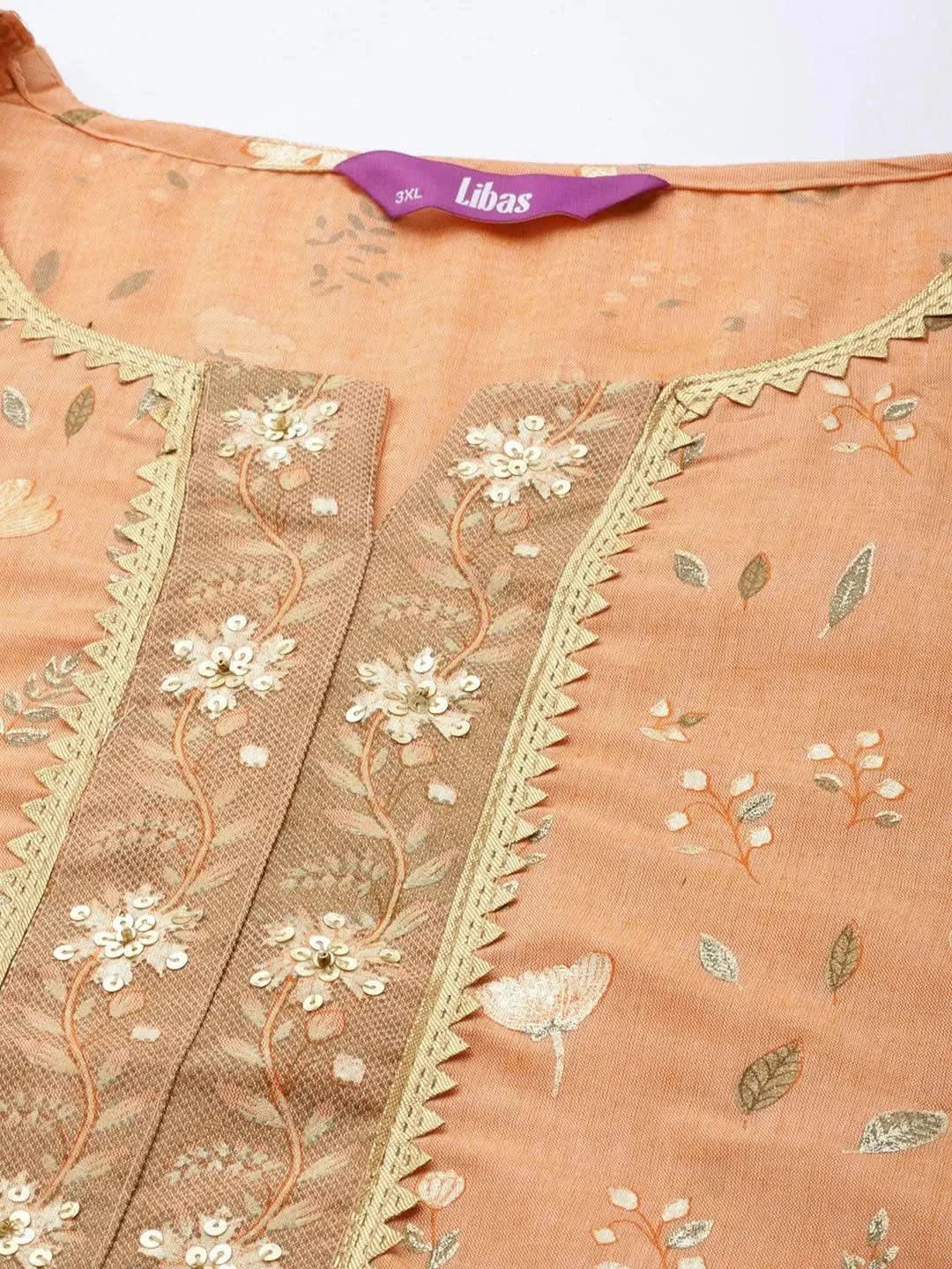 Plus Size Orange Printed Cotton Silk Straight Kurta - Libas