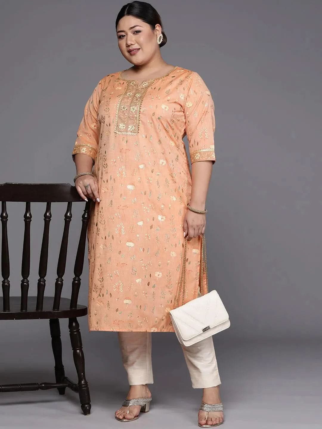 Plus Size Orange Printed Cotton Silk Straight Kurta - Libas