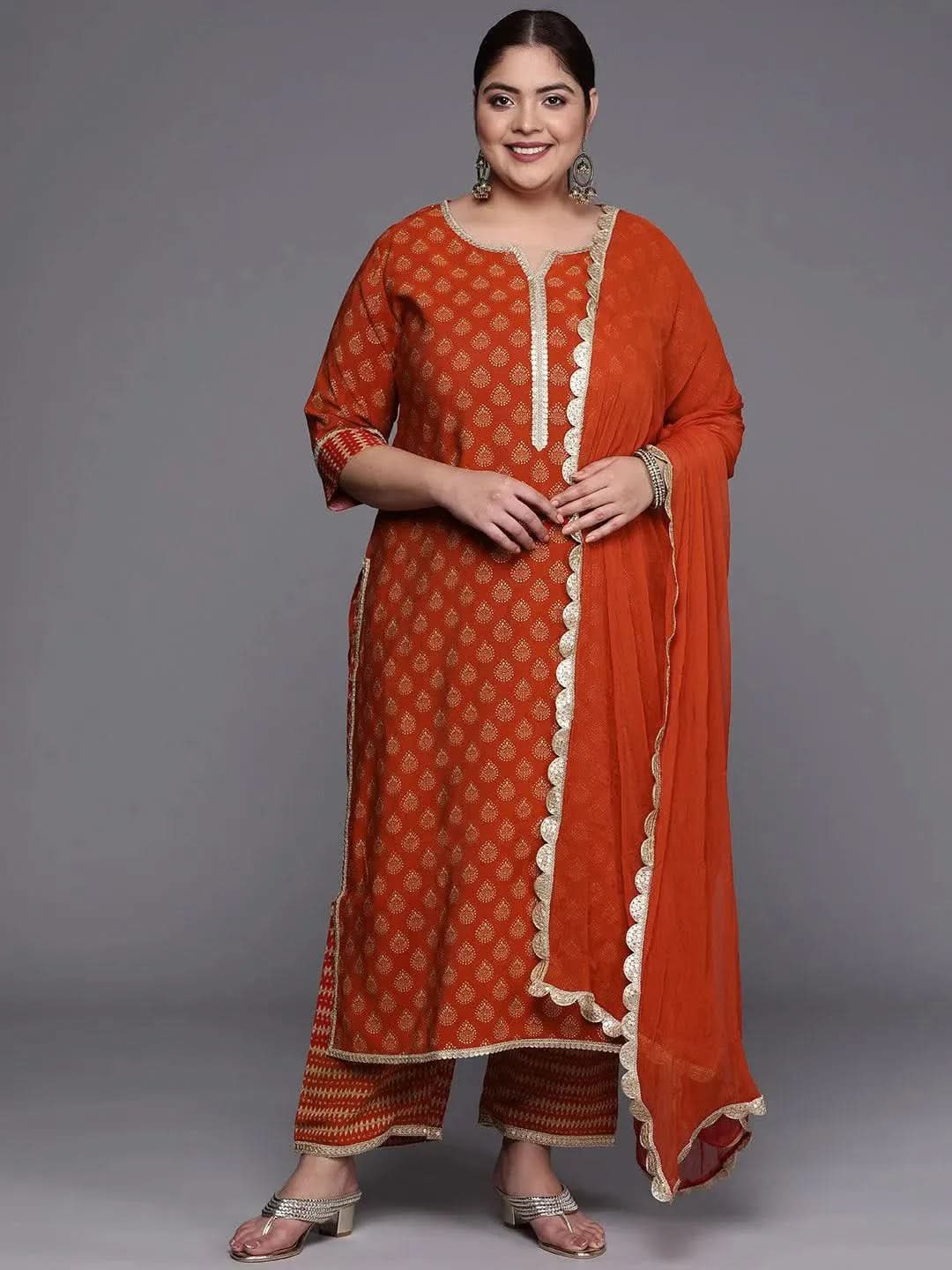 Plus Size Orange Printed Silk Blend Straight Suit Set - Libas