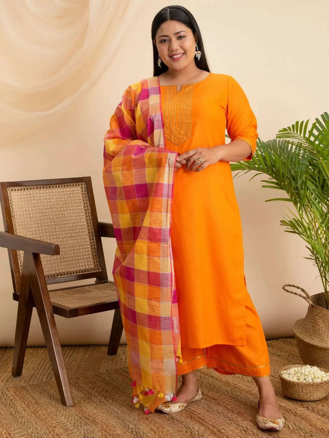 Plus Size Orange Solid Cotton Suit Set - Libas