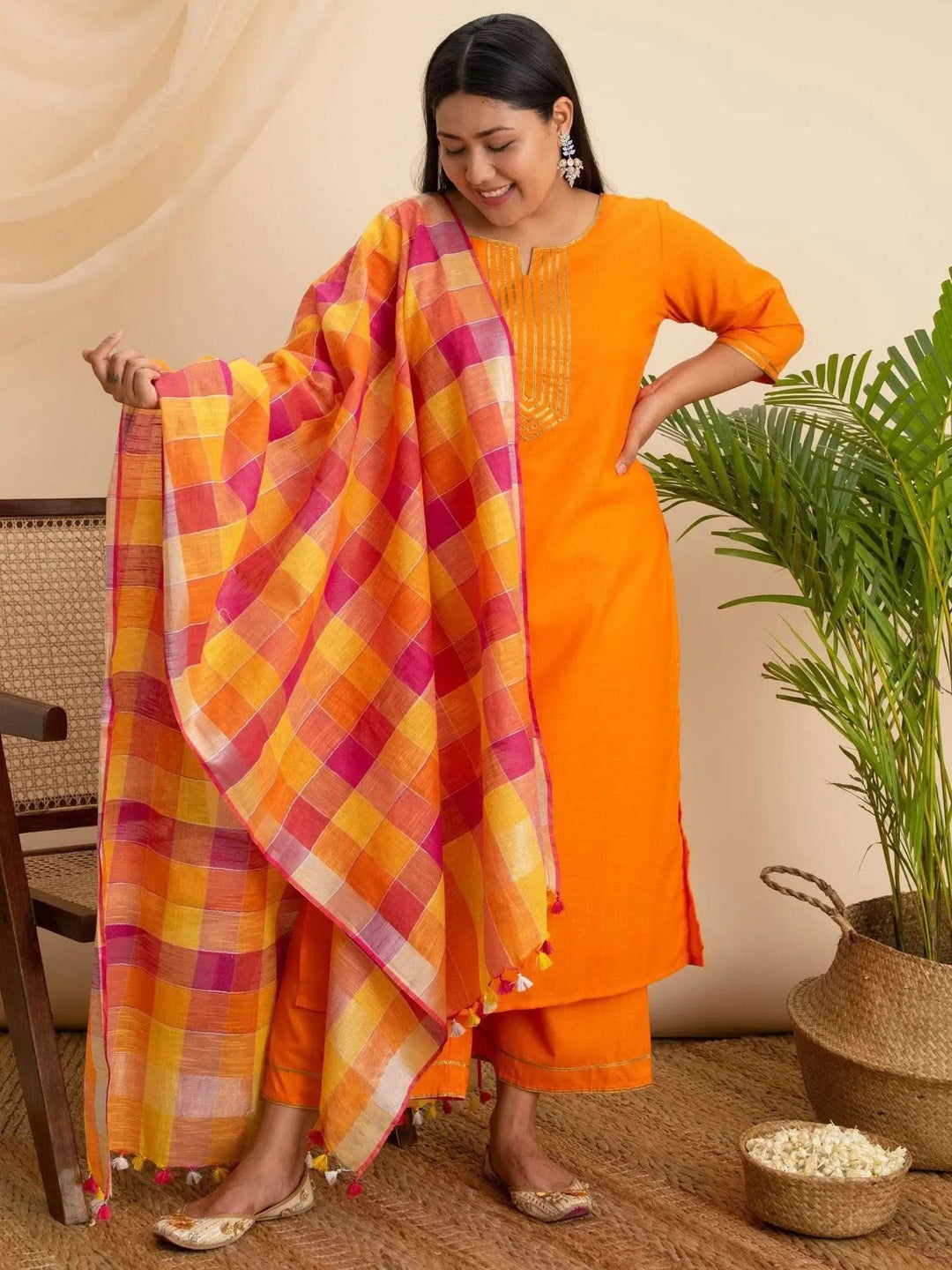 Plus Size Orange Solid Cotton Suit Set - Libas