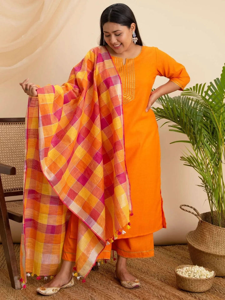 Plus Size Orange Solid Cotton Suit Set - Libas