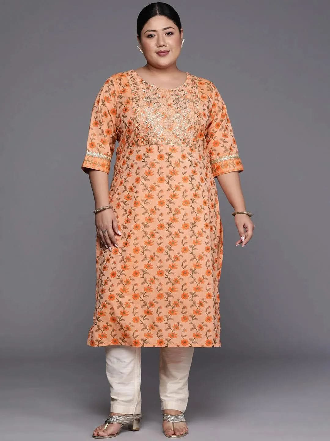 Plus Size Orange Yoke Design Cotton Silk Straight Kurta - Libas