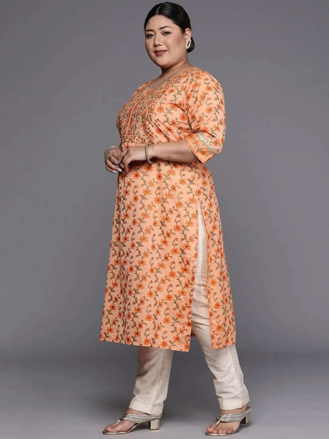Plus Size Orange Yoke Design Cotton Silk Straight Kurta - Libas