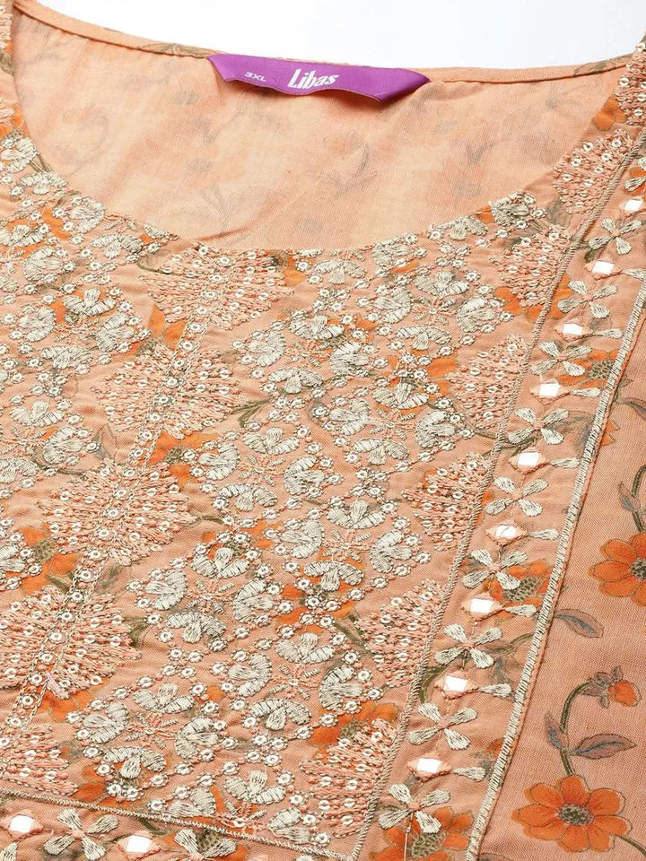 Plus Size Orange Yoke Design Cotton Silk Straight Kurta - Libas