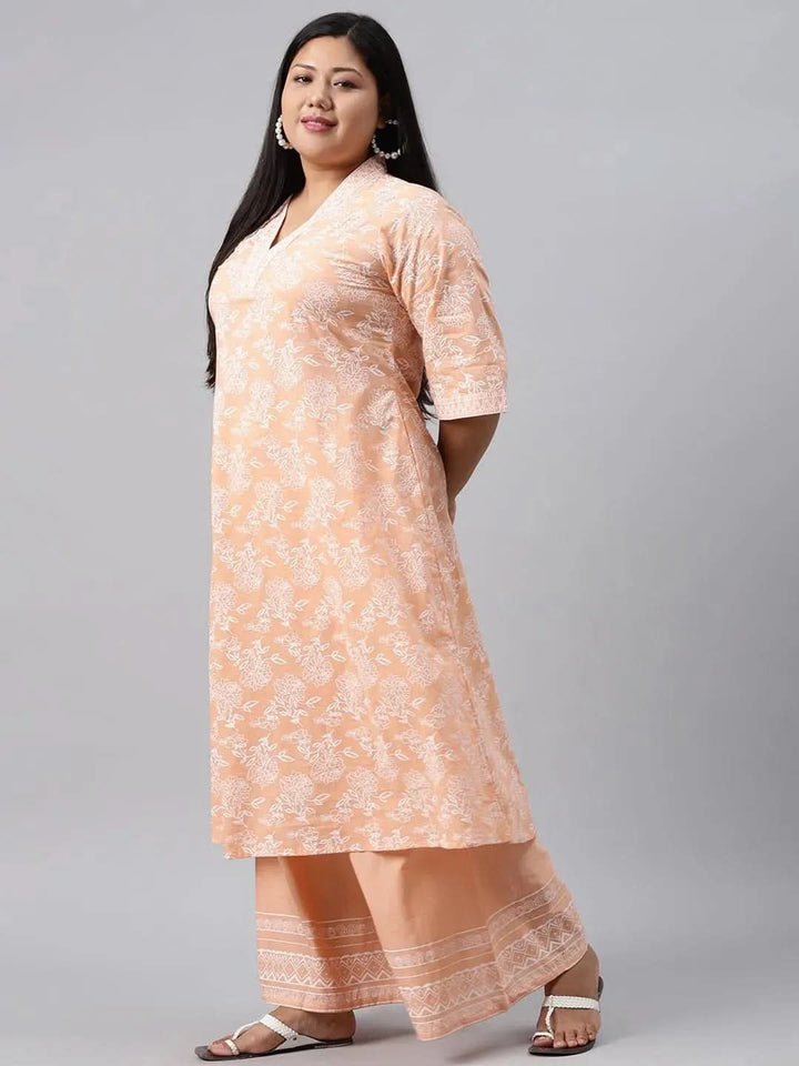 Plus Size Peach Printed Cotton Kurta - Libas