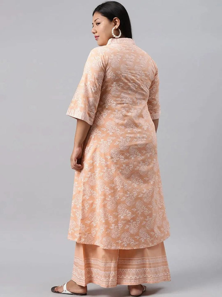 Plus Size Peach Printed Cotton Kurta - Libas
