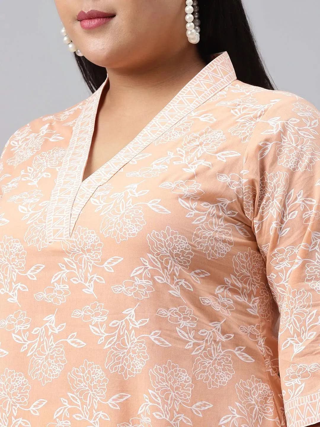 Plus Size Peach Printed Cotton Kurta - Libas