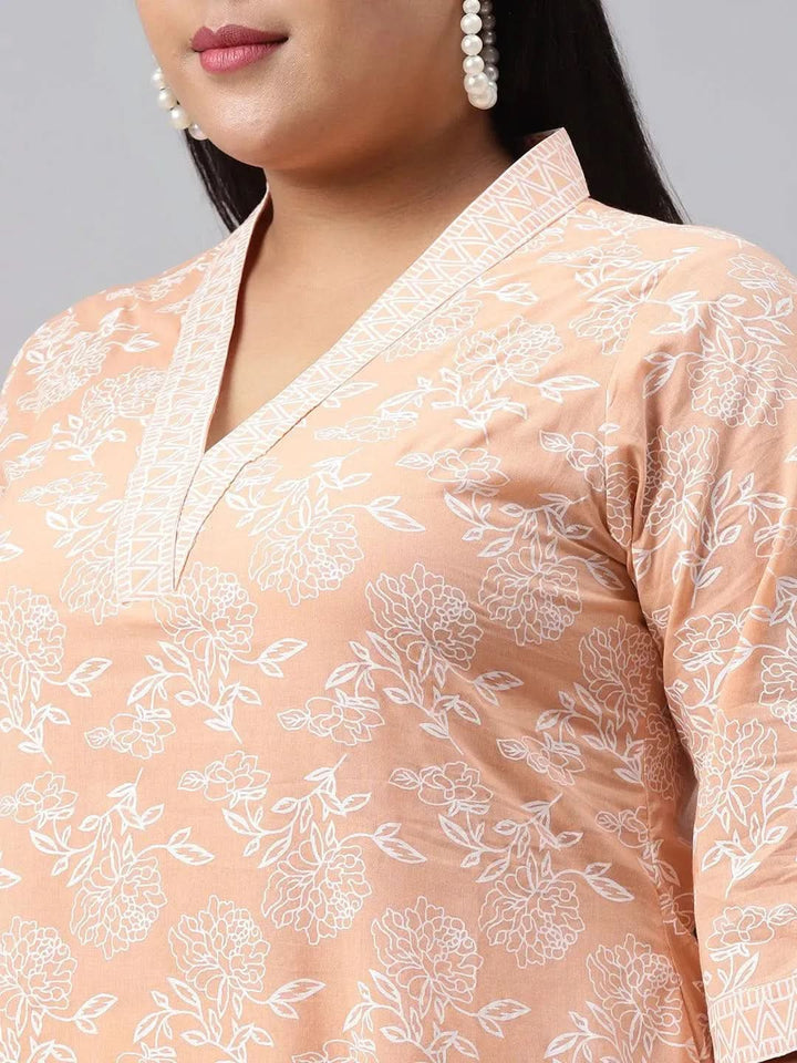 Plus Size Peach Printed Cotton Kurta - Libas