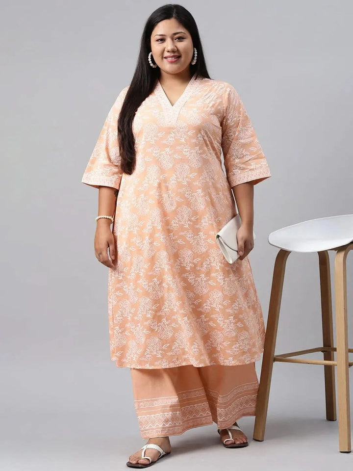 Plus Size Peach Printed Cotton Kurta - Libas