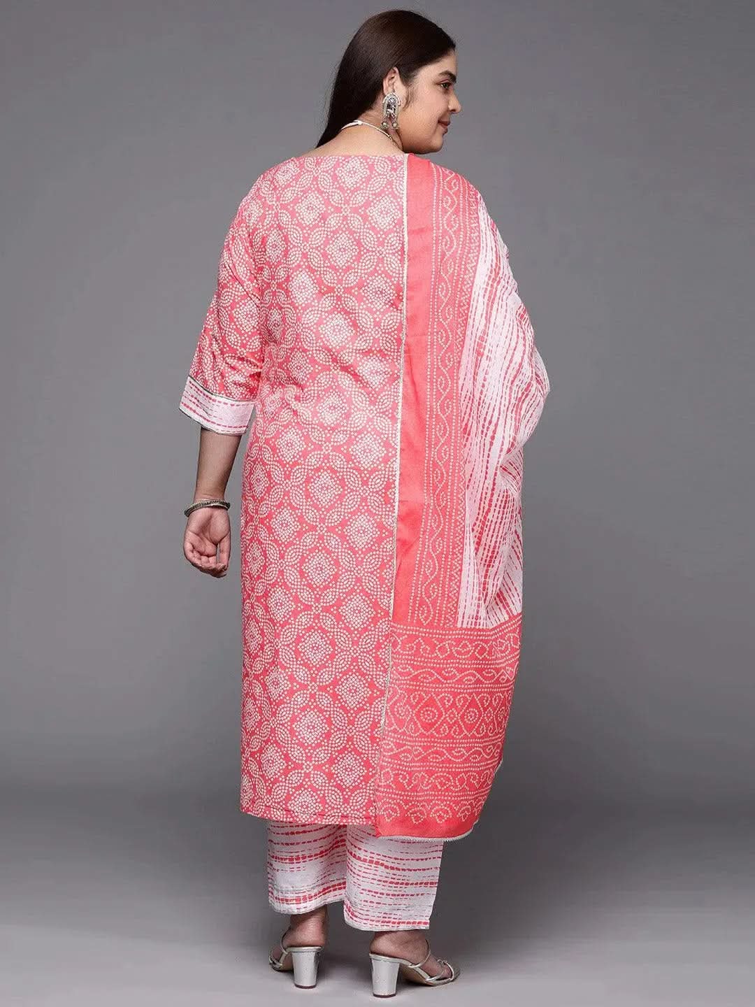 Plus Size Peach Printed Cotton Suit Set With Trousers - Libas