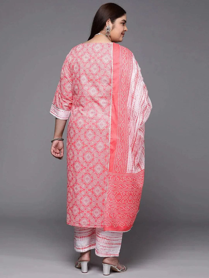 Plus Size Peach Printed Cotton Suit Set With Trousers - Libas
