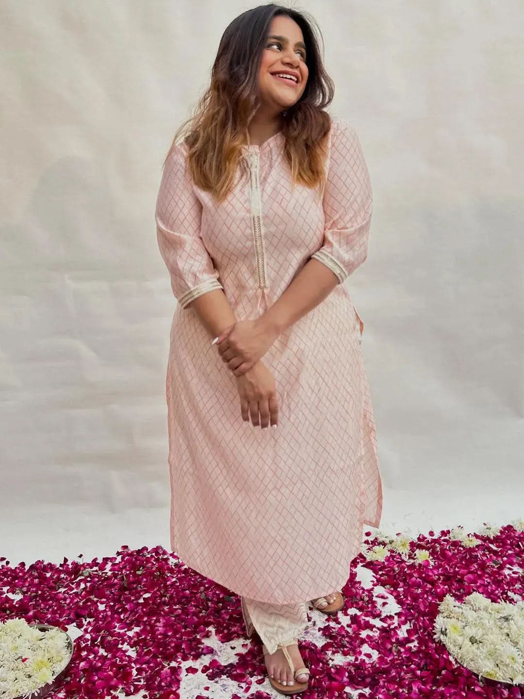 Plus Size Peach Printed Silk Straight Kurta - Libas