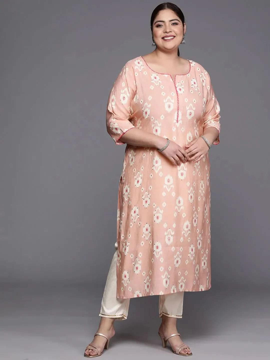 Plus Size Peach Printed Silk Straight Kurta - Libas