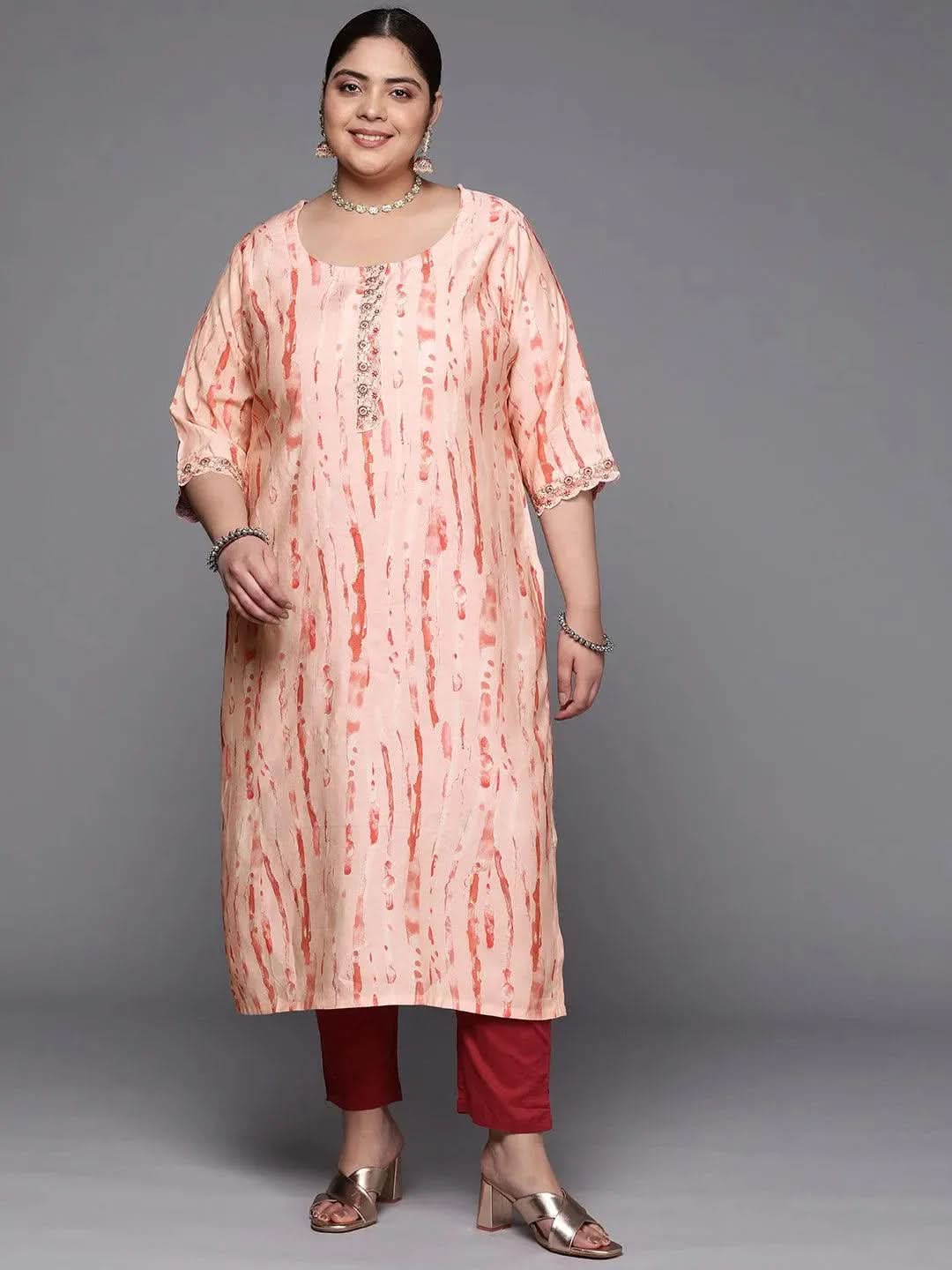 Plus Size Peach Printed Silk Straight Kurta - Libas