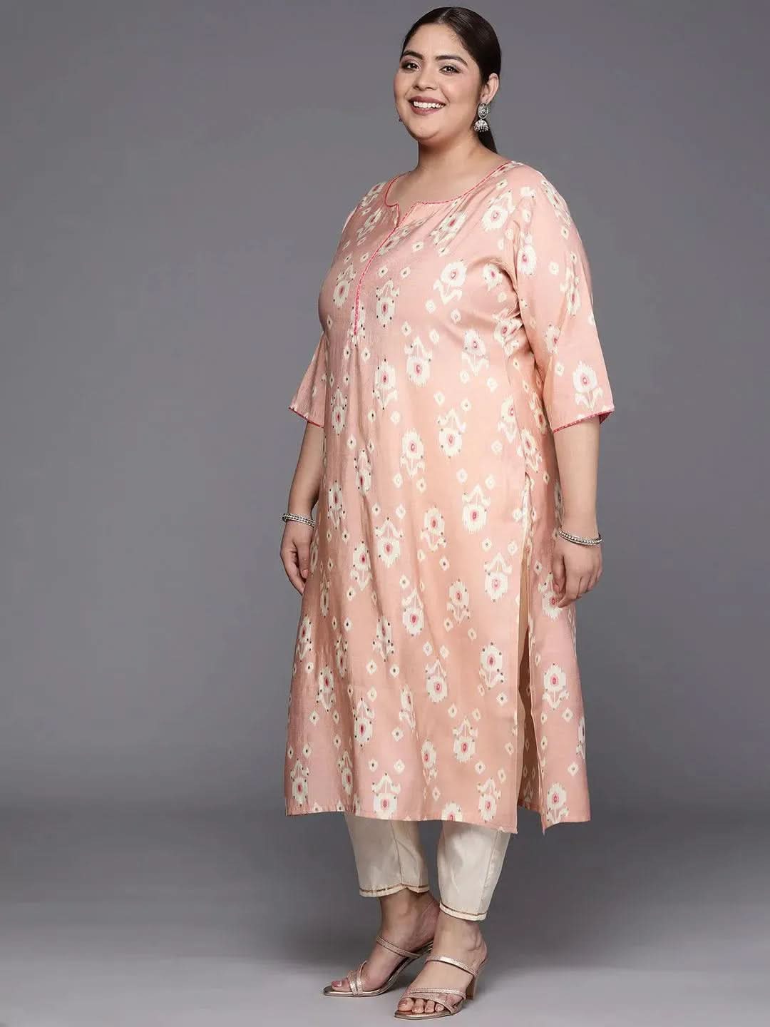 Plus Size Peach Printed Silk Straight Kurta - Libas