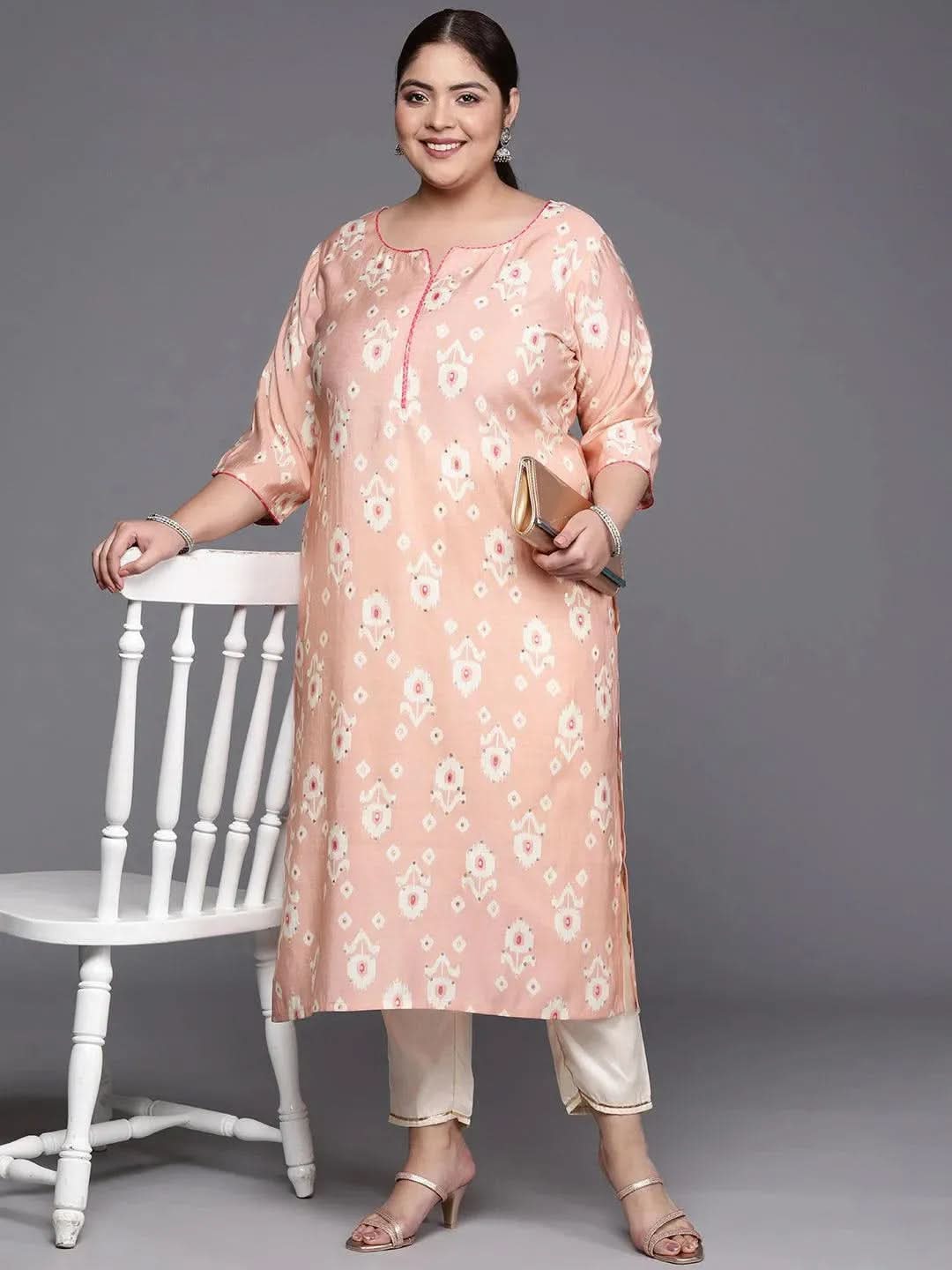 Plus Size Peach Printed Silk Straight Kurta - Libas