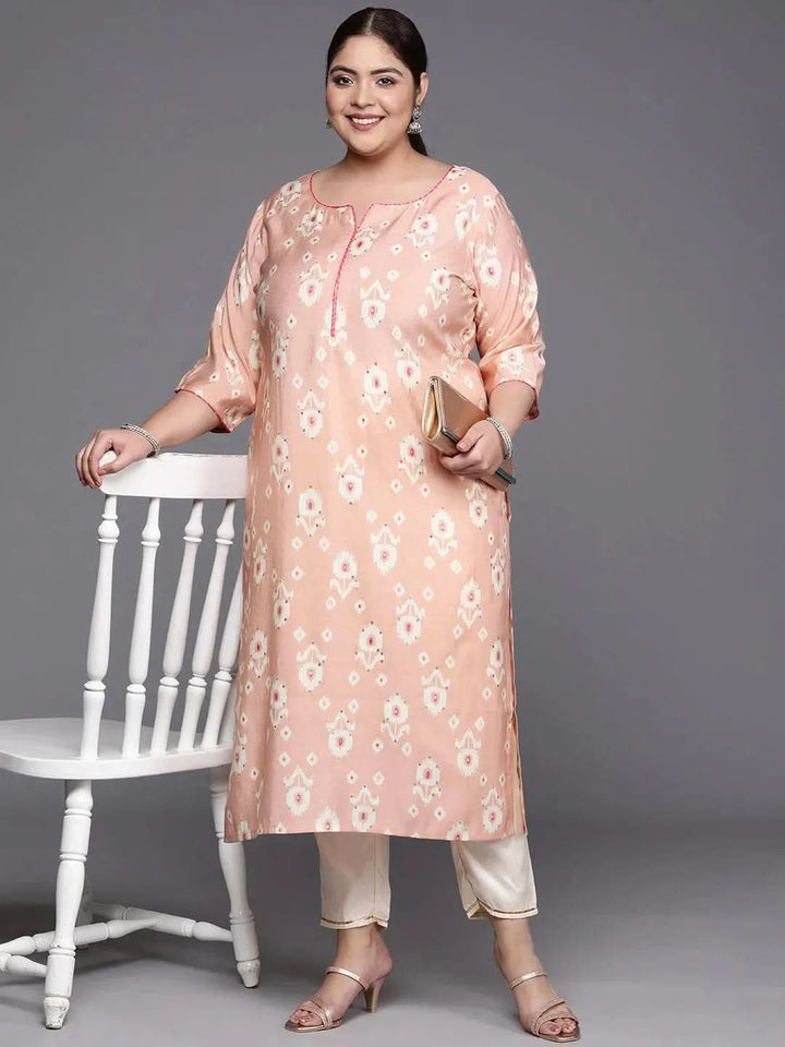 Plus Size Peach Printed Silk Straight Kurta - Libas