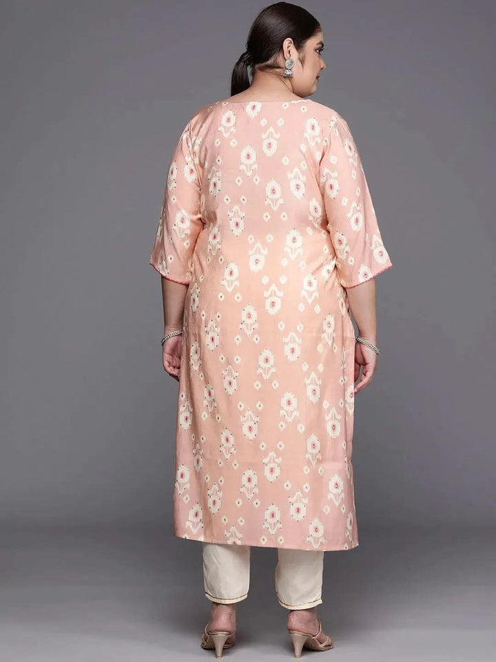 Plus Size Peach Printed Silk Straight Kurta - Libas