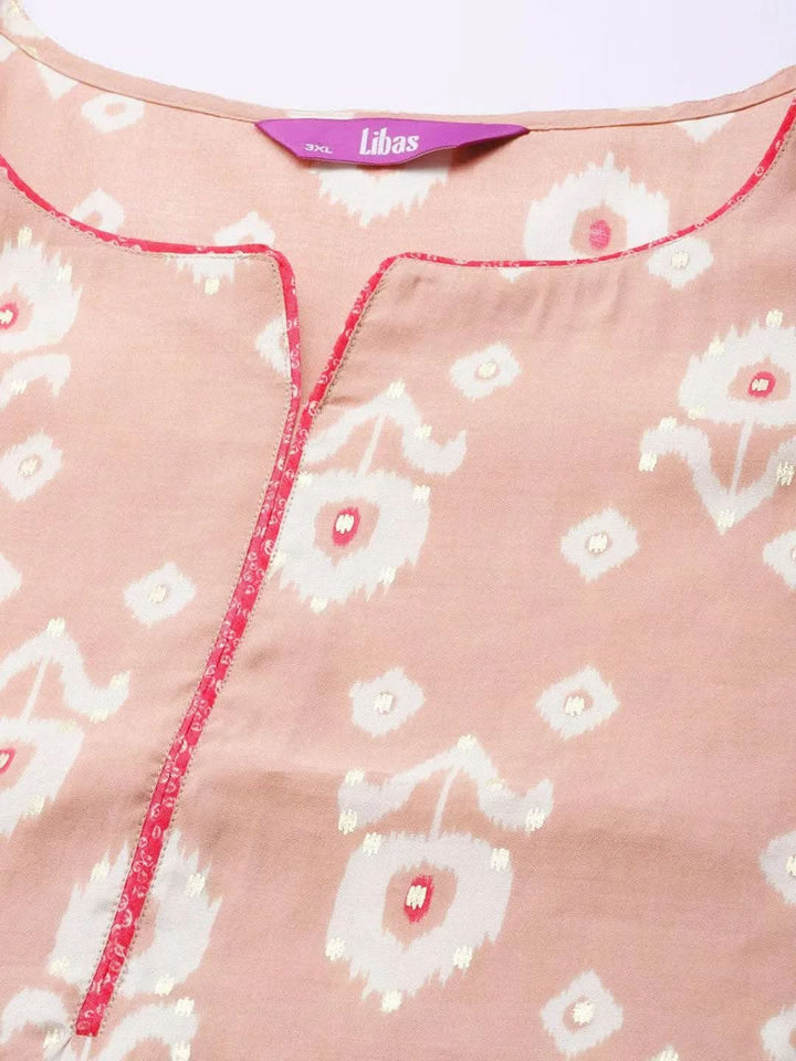 Plus Size Peach Printed Silk Straight Kurta - Libas