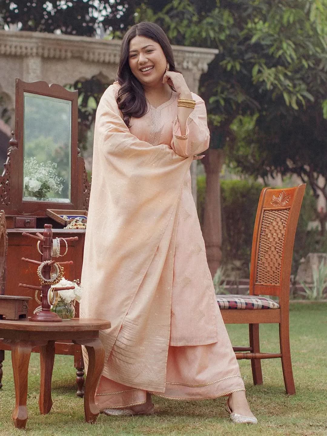 Buy Peach Silk Self Design Straight Kurta With Silk Palazzo And Dupatta Online
Buy Peach Silk Self Design Straight Kurta With Silk Palazzo And Dupatta Online