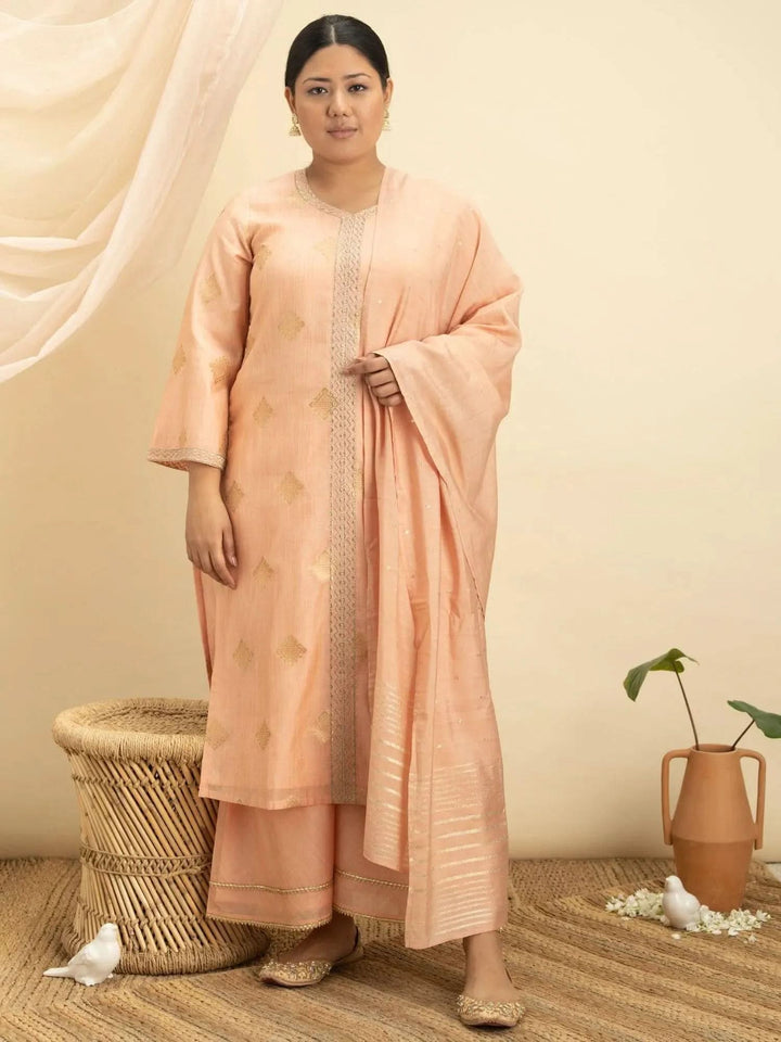 Plus Size Peach Self Design Silk Suit Set - Libas