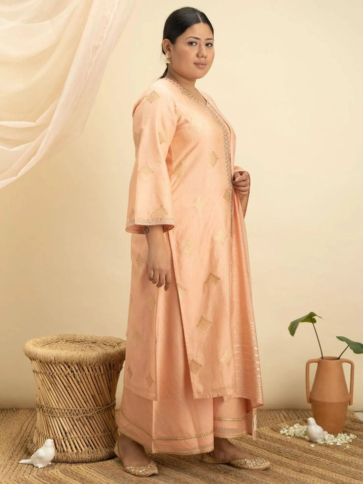 Plus Size Peach Self Design Silk Suit Set - Libas