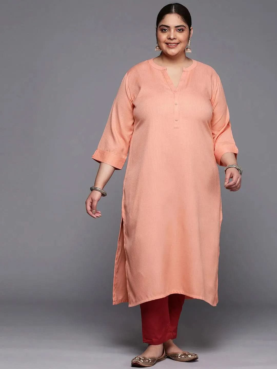 Plus Size Peach Woven Design Rayon Straight Kurta - Libas