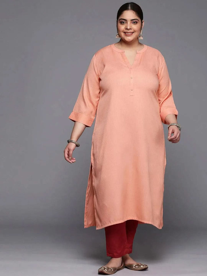 Plus Size Peach Woven Design Rayon Straight Kurta - Libas