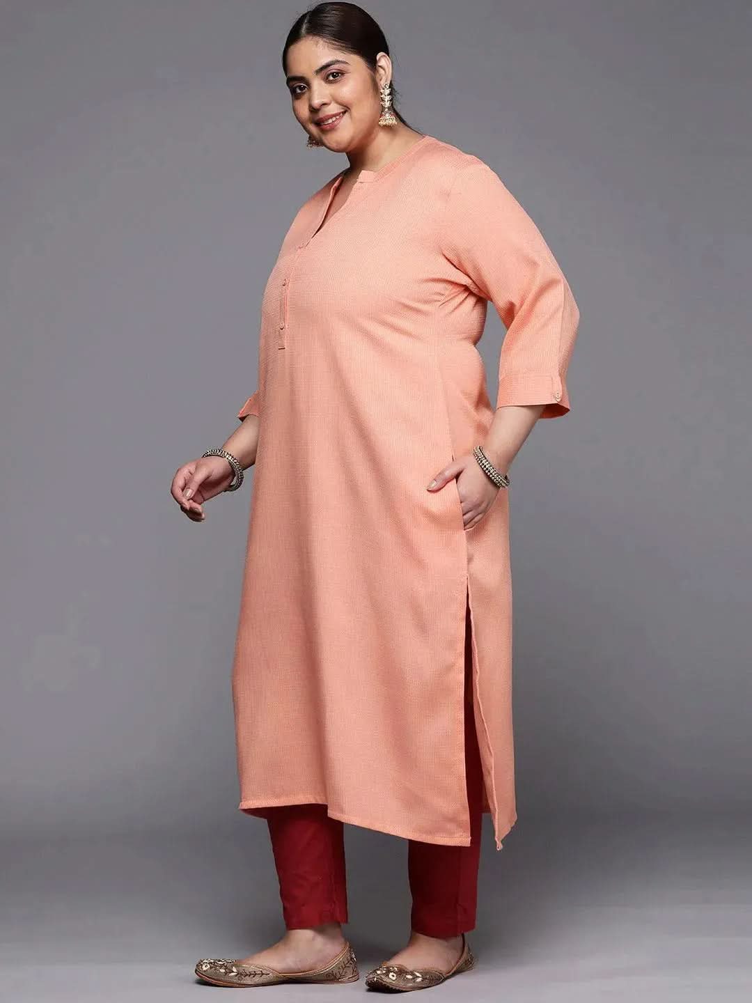 Plus Size Peach Woven Design Rayon Straight Kurta - Libas