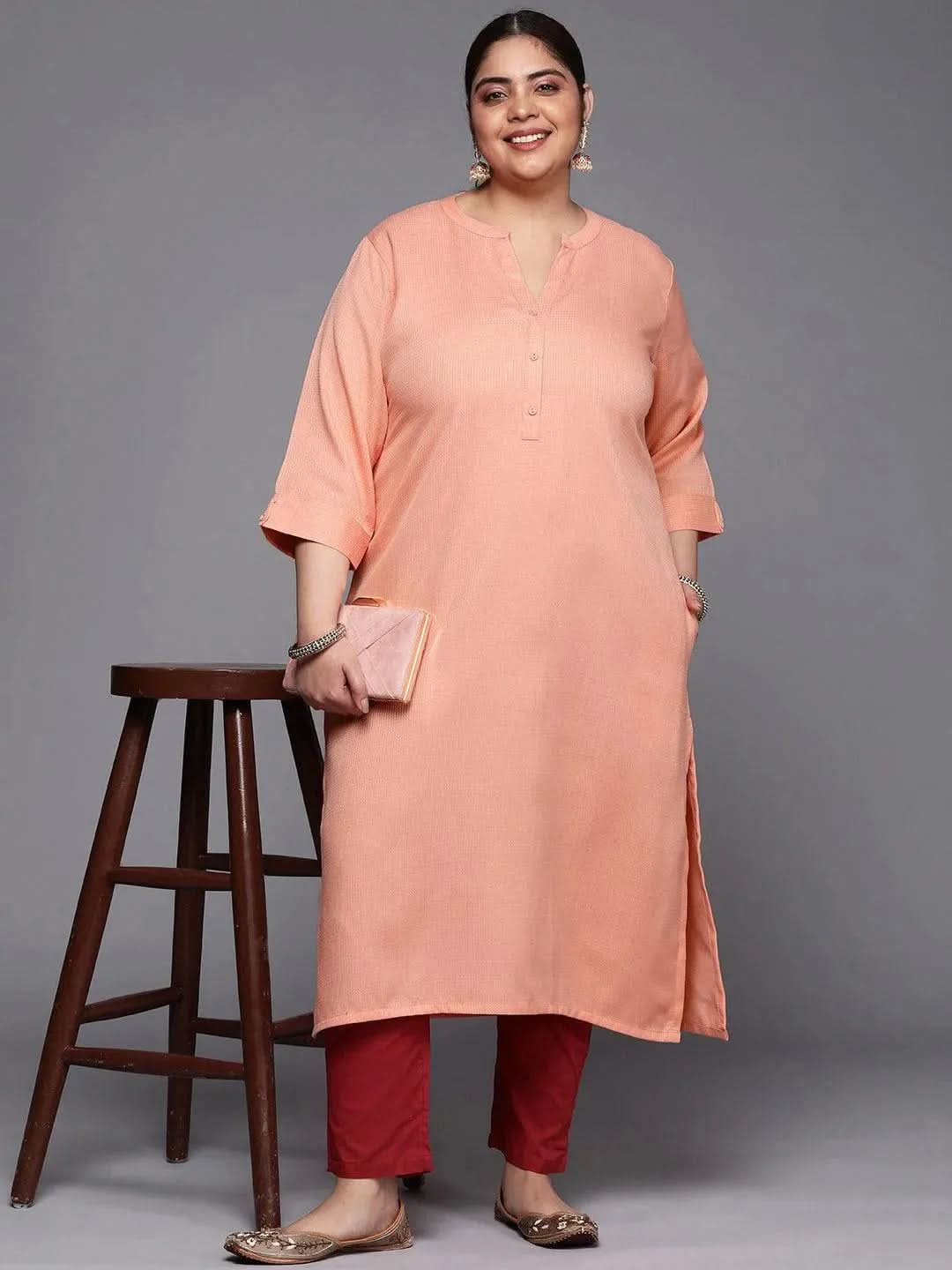 Plus Size Peach Woven Design Rayon Straight Kurta - Libas