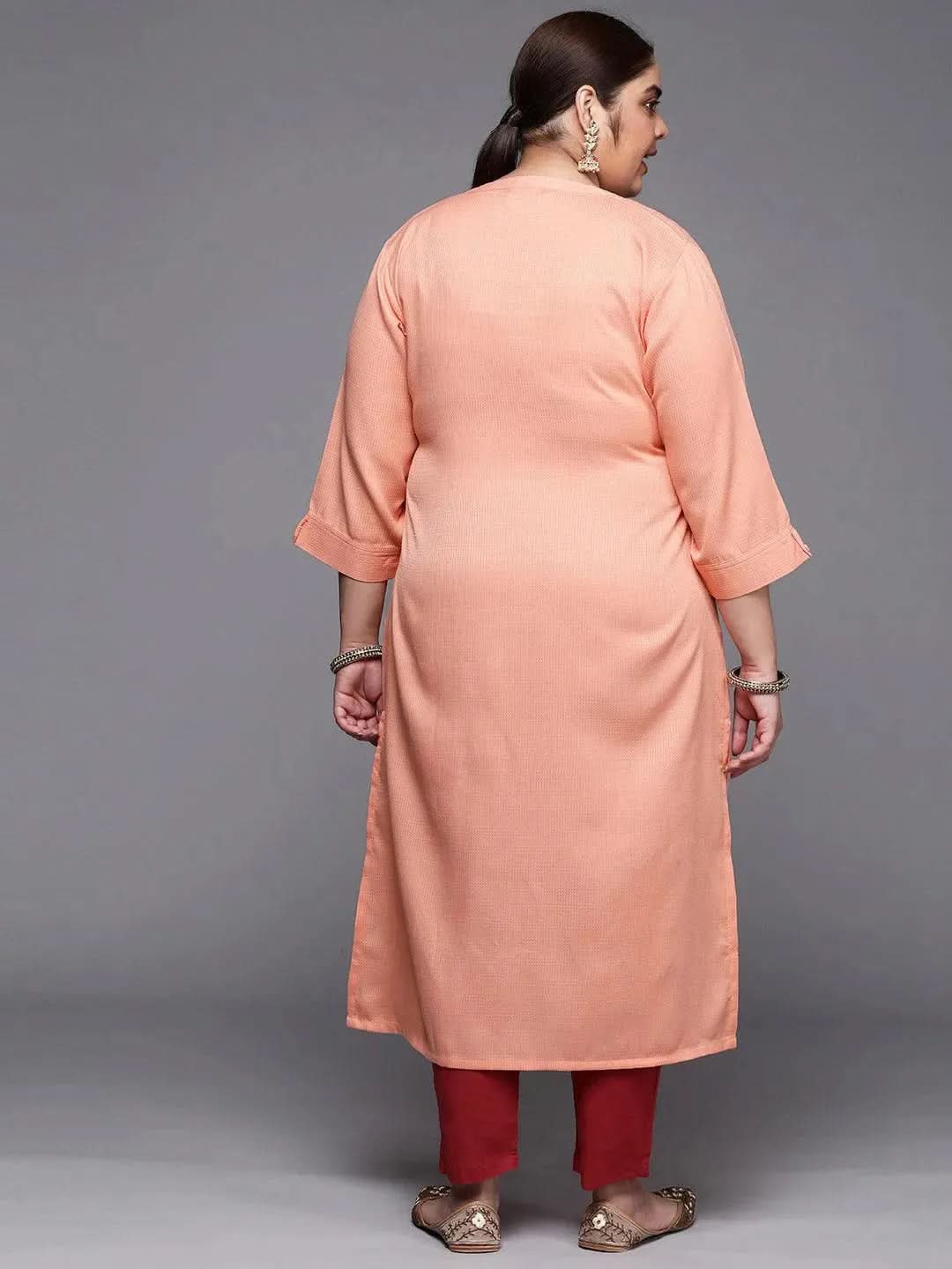 Plus Size Peach Woven Design Rayon Straight Kurta - Libas