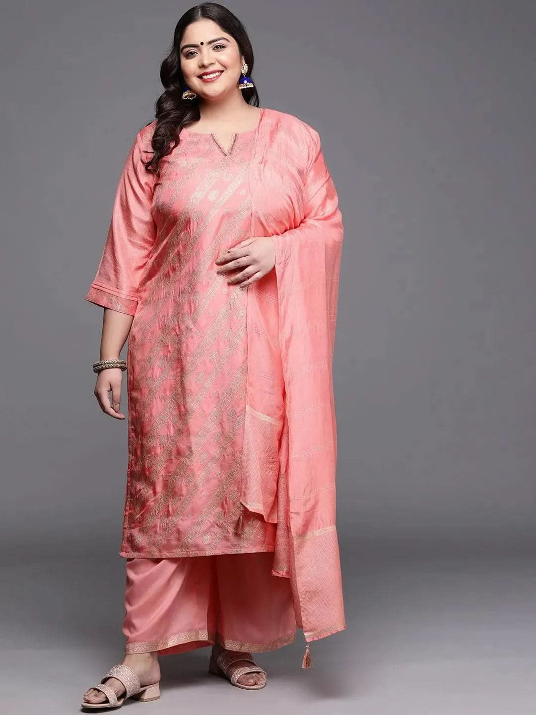 Plus Size Peach Woven Design Silk Blend Straight Kurta With Palazzos & Dupatta
Plus Size Peach Woven Design Silk Blend Straight Kurta With Palazzos & Dupatta