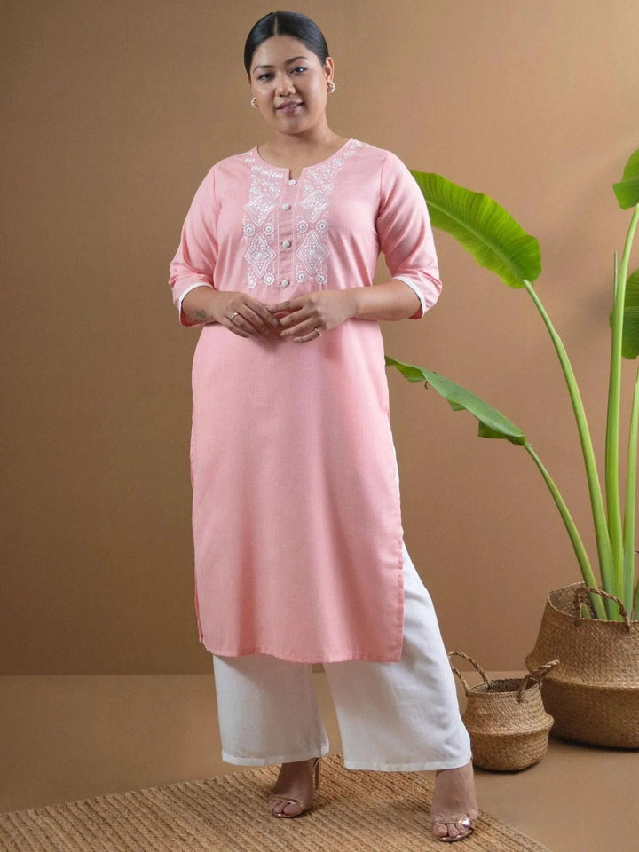 Plus Size Pink Embroidered Cotton Kurta - Libas
