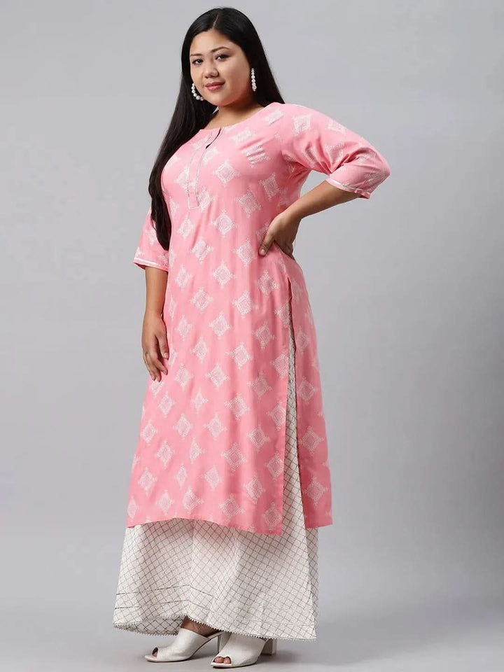 Plus Size Pink Printed Cotton Kurta - Libas