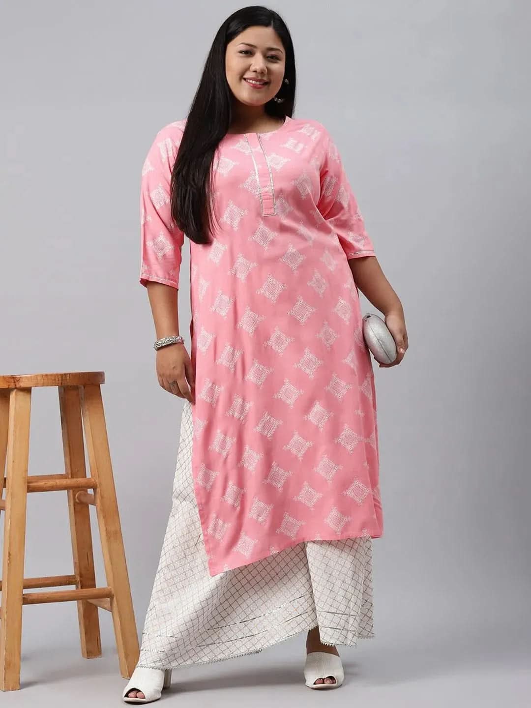 Plus Size Pink Printed Cotton Kurta - Libas