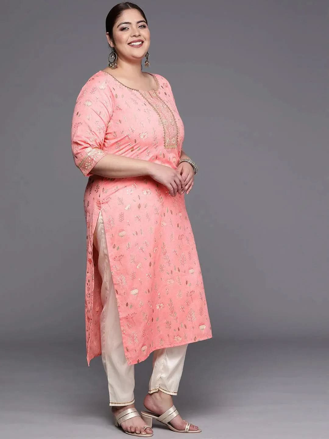 Plus Size Pink Printed Cotton Silk Straight Kurta - Libas