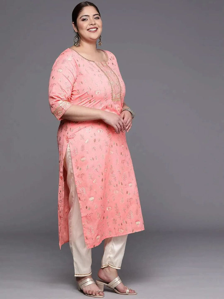 Plus Size Pink Printed Cotton Silk Straight Kurta - Libas