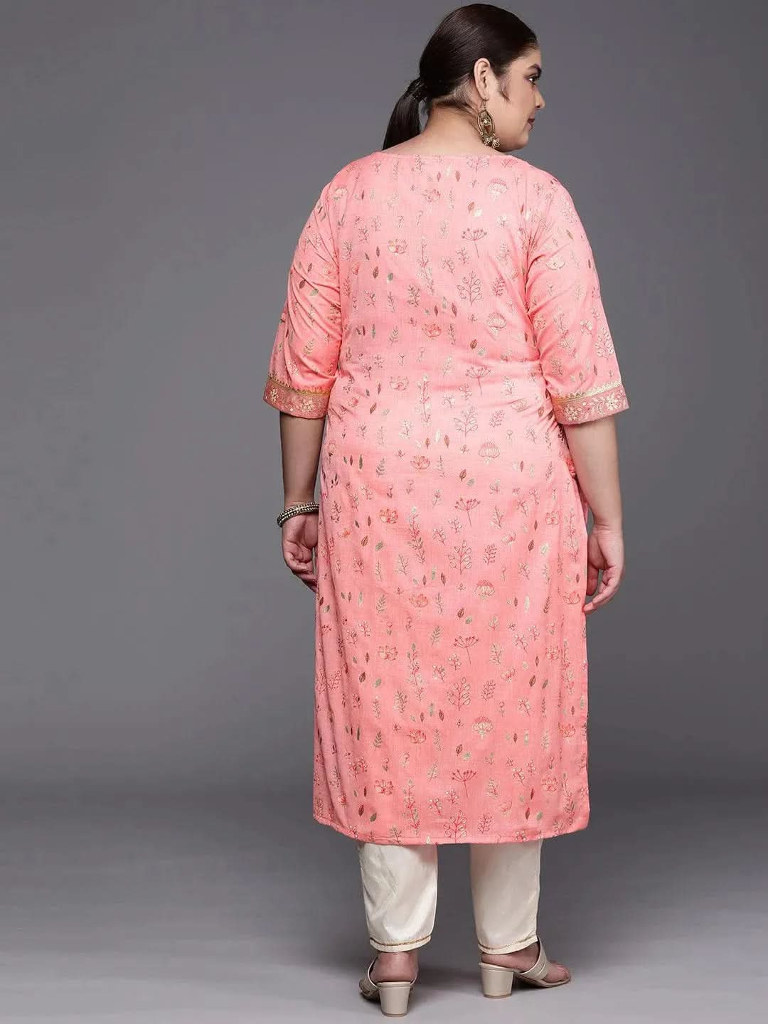 Plus Size Pink Printed Cotton Silk Straight Kurta - Libas