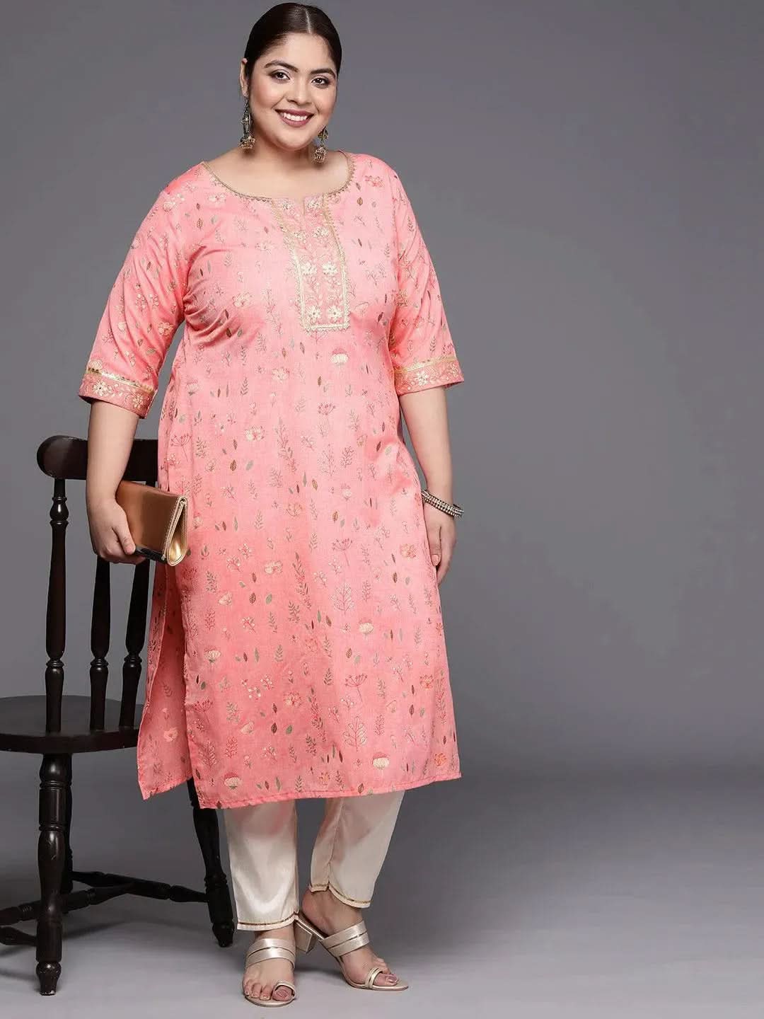 Plus Size Pink Printed Cotton Silk Straight Kurta - Libas