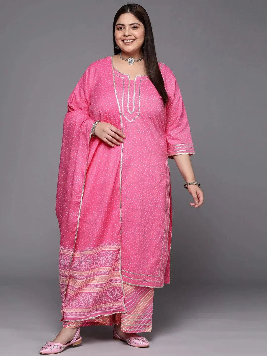 Plus Size Pink Printed Cotton Suit Set With Palazzos - Libas