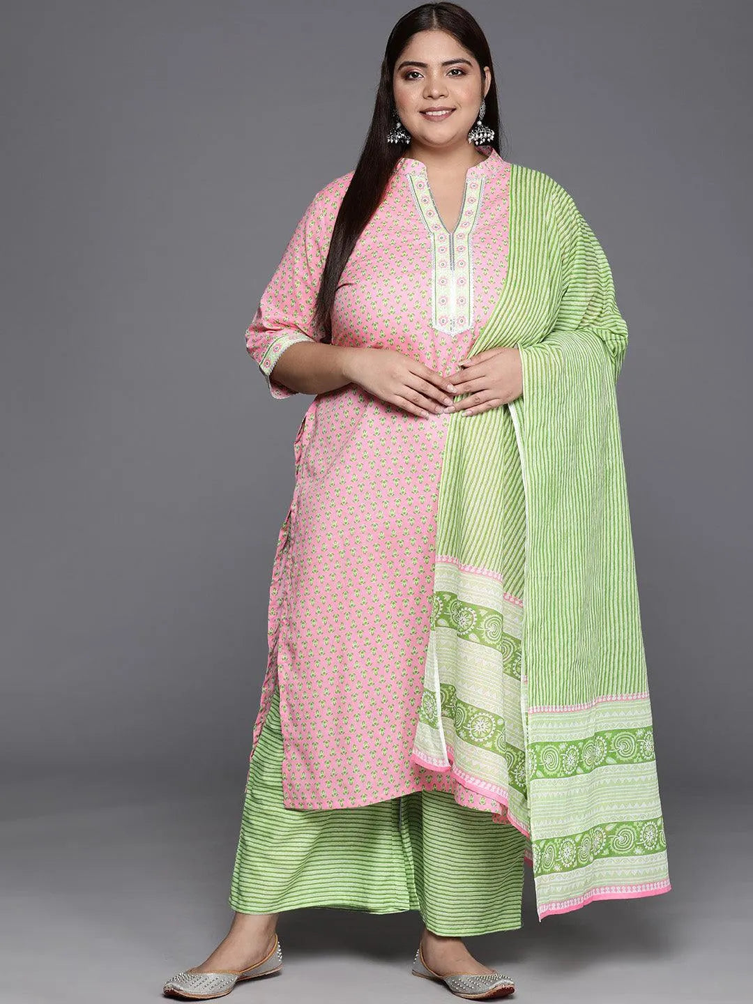 Plus Size Pink Embroidered Straight Kurta Set With Dupatta main image 0