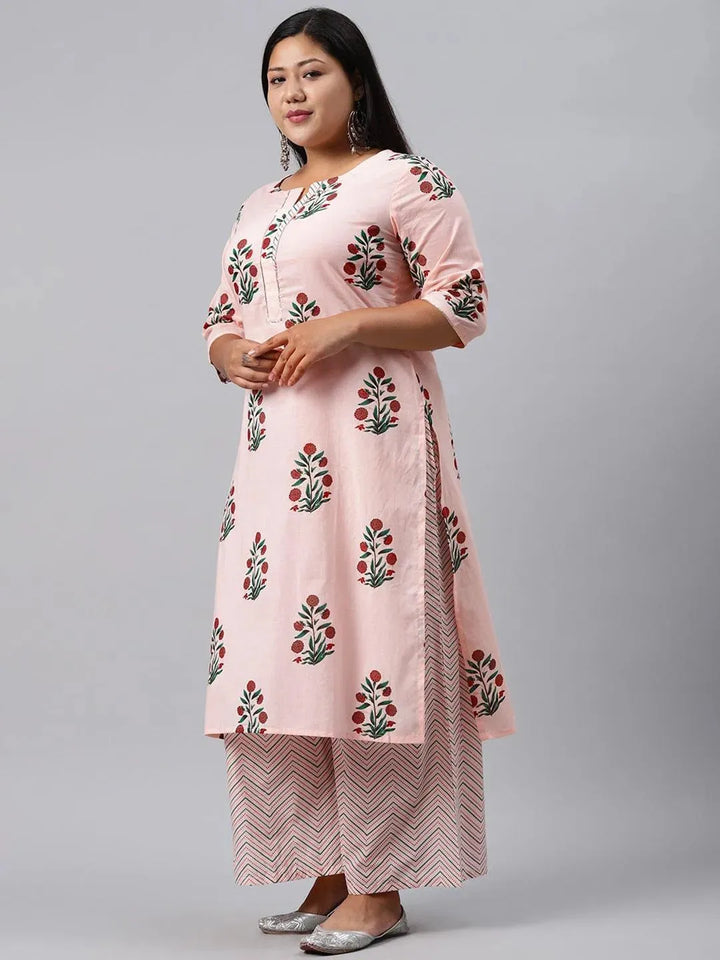 Plus Size Pink Printed Cotton Suit Set - Libas