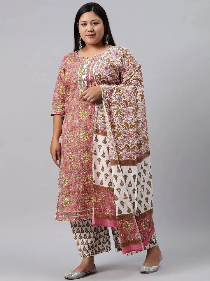 Plus Size Pink Printed Cotton Suit Set - Libas
