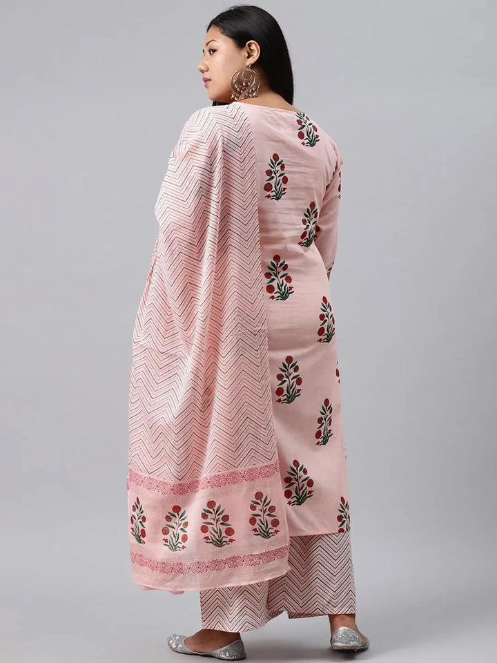 Plus Size Pink Printed Cotton Suit Set - Libas