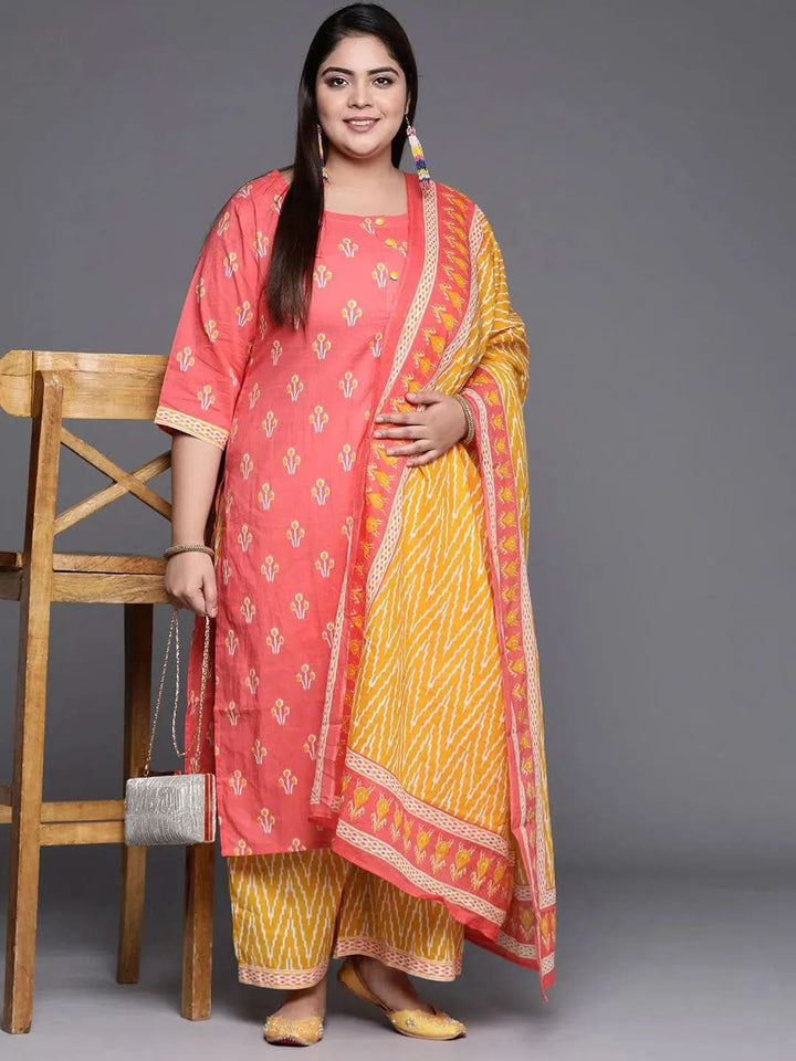 Plus Size Pink Printed Cotton Suit Set - Libas