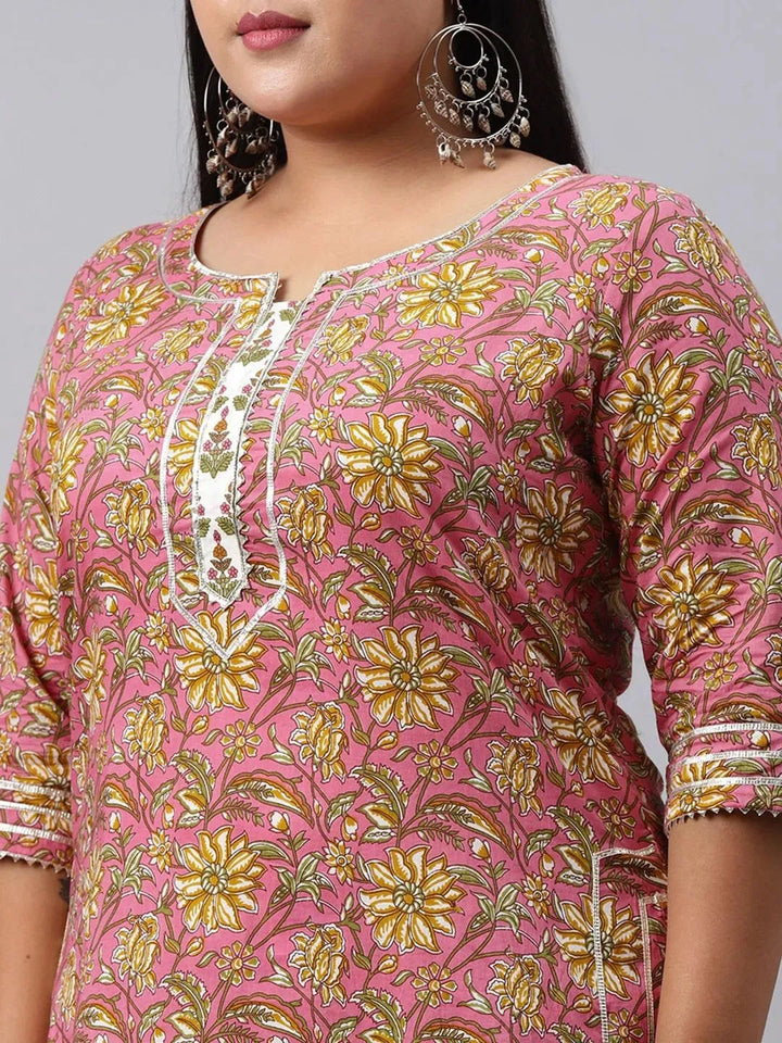 Plus Size Pink Printed Cotton Suit Set - Libas