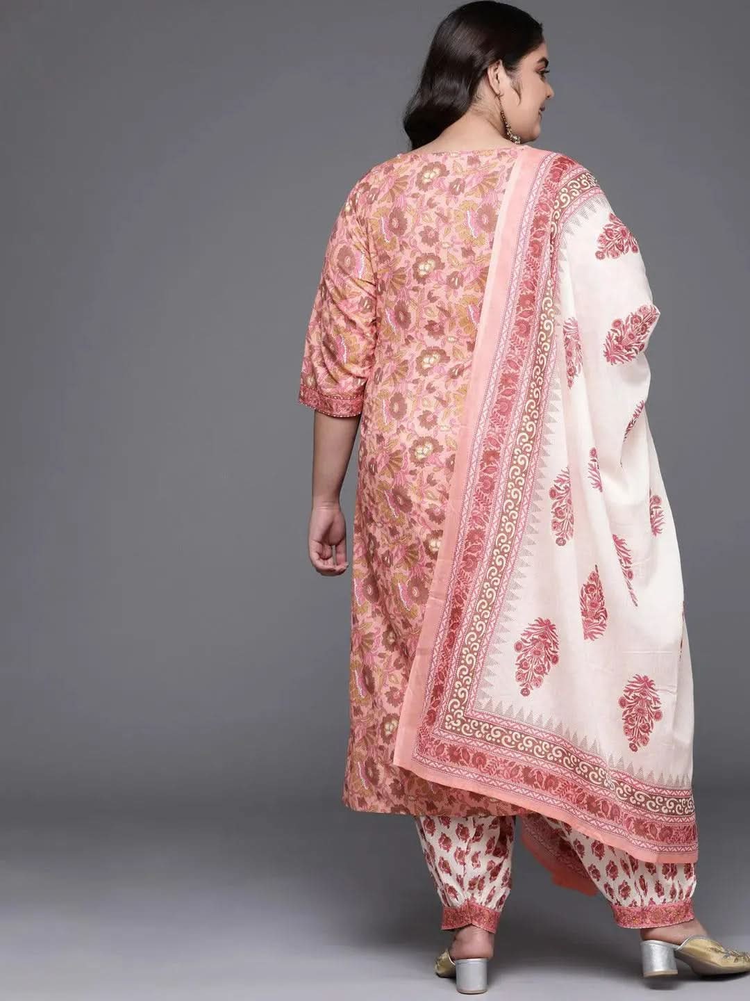 Plus Size Pink Printed Cotton Suit Set - Libas