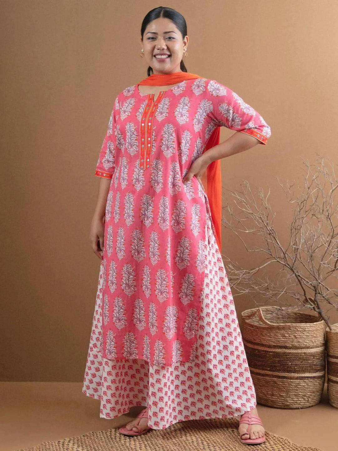 Plus Size Pink Printed Cotton Suit Set - Libas