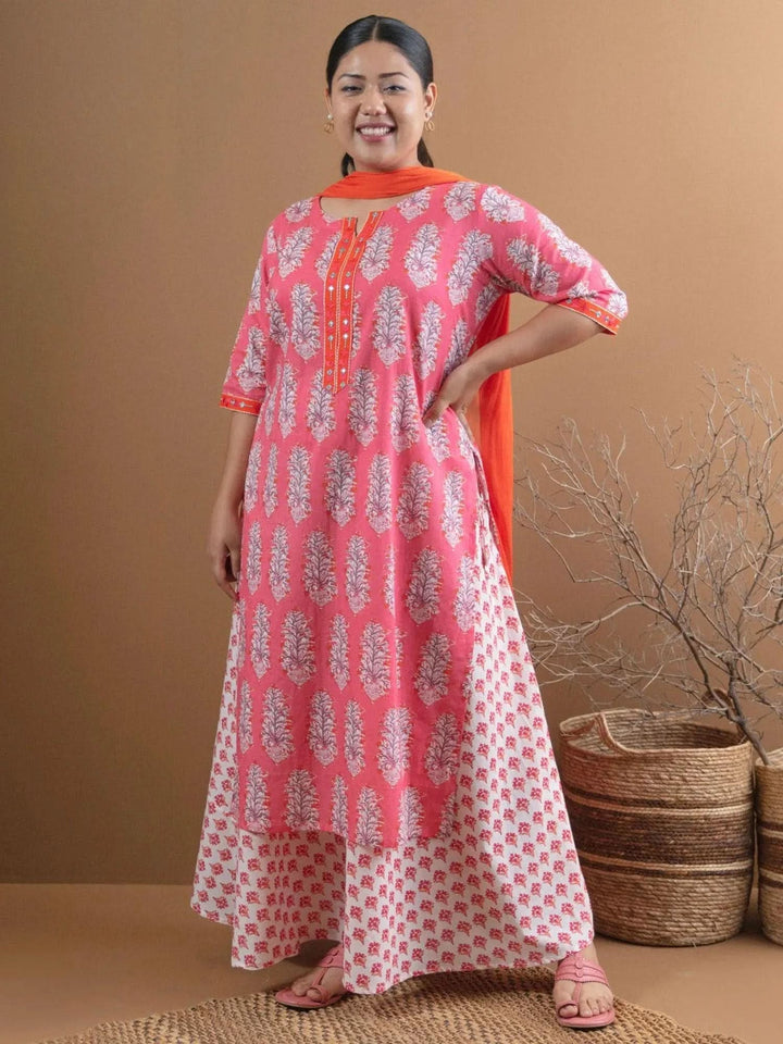 Plus Size Pink Printed Cotton Suit Set - Libas